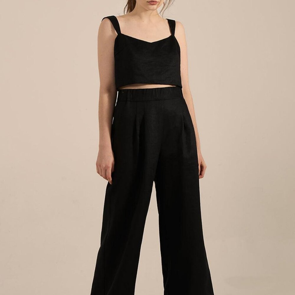 Mia French Linen Twill Crop Top - Black